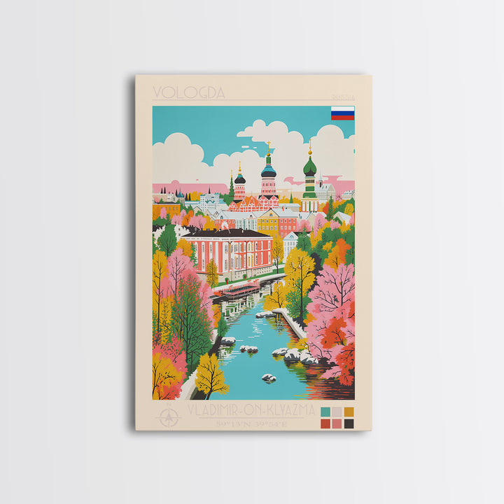 Vologda Russia Travel Poster Framed Canvas Print, Midcentury Modern Art, Pop Art Wall Decor, Living Room Art, Home Decoration