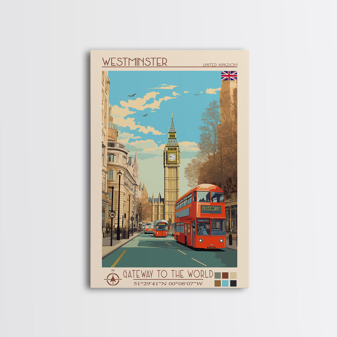 Westminster United Kingdom Travel Poster Framed Canvas Print, Midcentury Modern Art, Pop Art Wall Decor, Living Room Art, Home Decoration