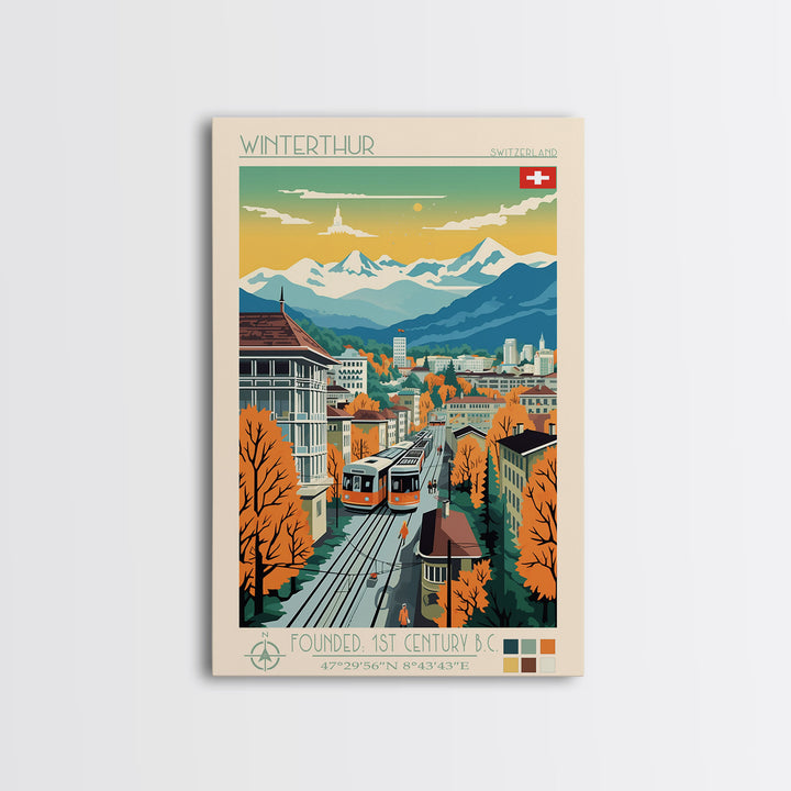 Winterthur Switzerland Travel Poster Framed Canvas Print, Midcentury Modern Art, Pop Art Wall Decor, Living Room Art, Scenic Wall Art