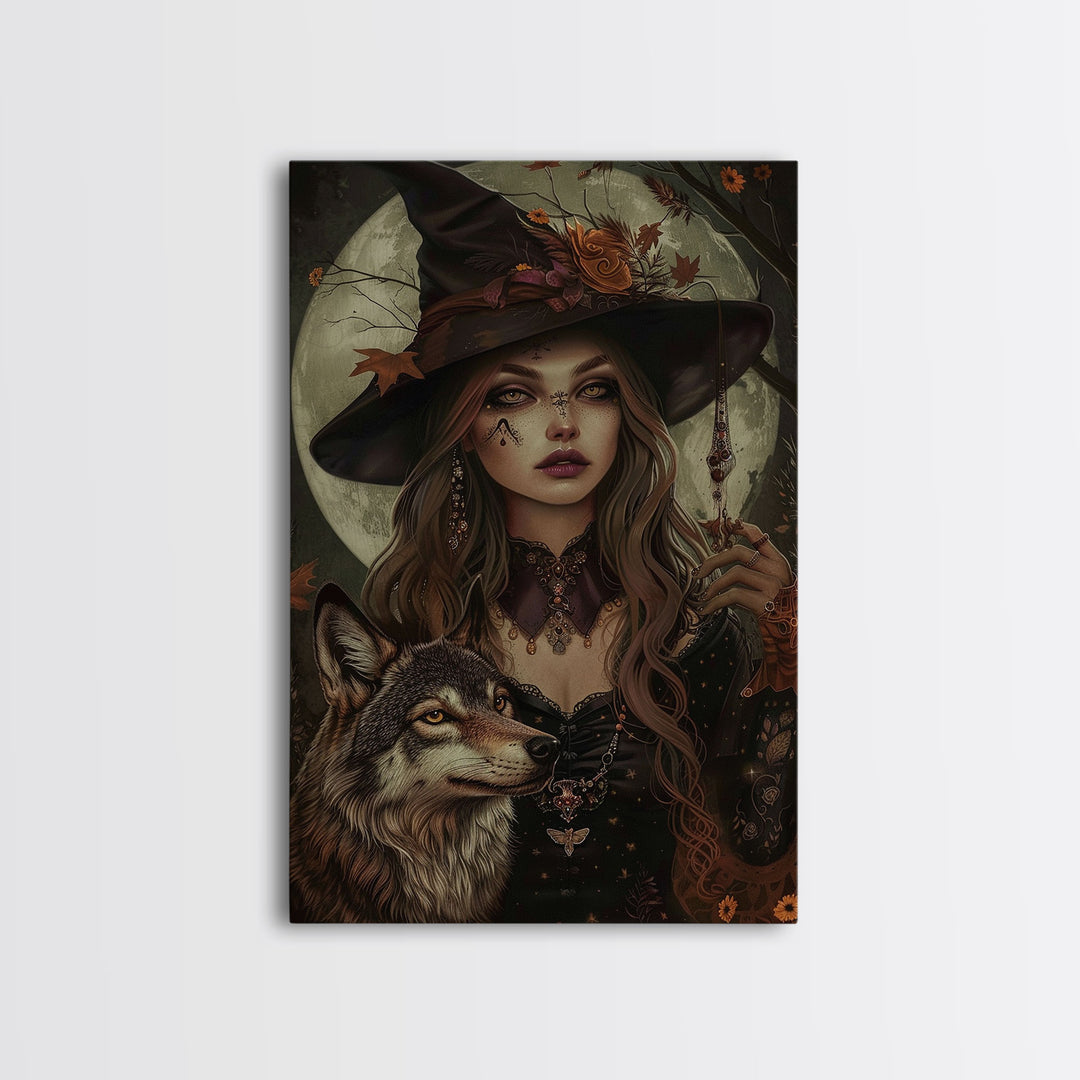 The Witch And The Wolf, Spooky Halloween Wall Art Framed Canvas Print, Spooky Season, Witch Painting, Halloween Decor and Art, Seasonal