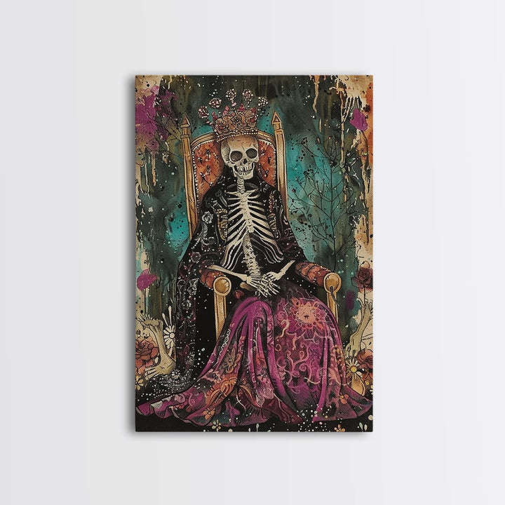 Skeleton King in Regal Throne Framed Canvas Print, Royalty Decor, Halloween Skeleton Art, Haunted Mansion Wall Art, Gothic Skeleton Print