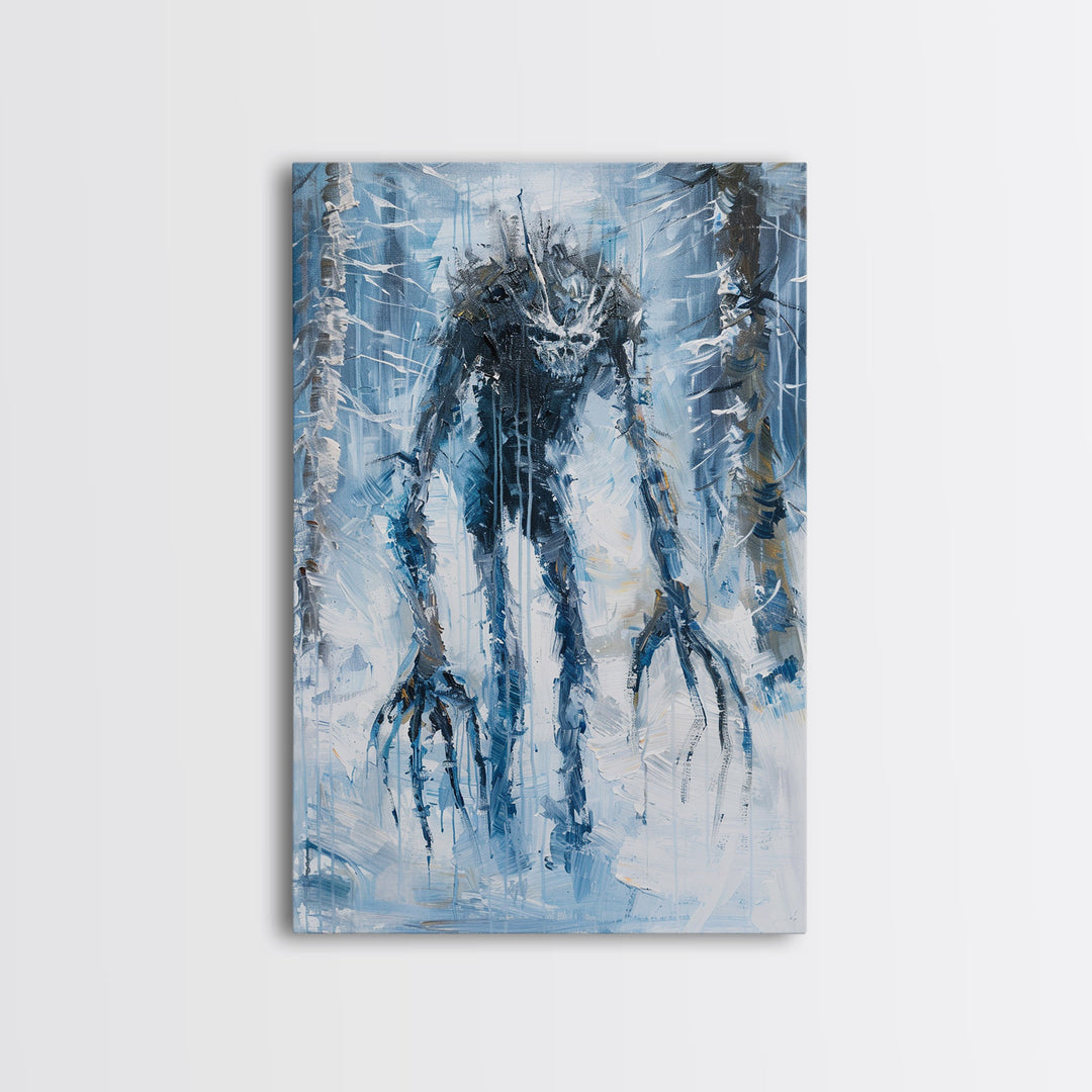 Wendigo in Winter Woods Framed Canvas Print, Eerie Winter Monster Decor, Halloween Creature Art Haunted Forest Wall Art Spooky Monster Print