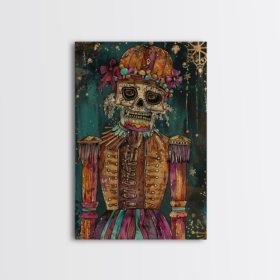 Skeleton Nutcracker in Festive Attire Framed Canvas Print, Halloween Nutcracker Decor, Spooky Art, Haunted Toy Wall Art, Nutcracker Print