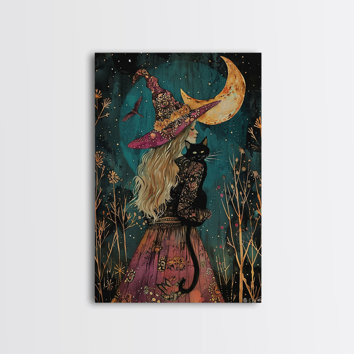 The Witch And The Black Cat Framed Canvas Print, Cottage Core Witchy Art, Halloween Trinket, Halloween Wall Art, Spooky Wall Art, Home Decor