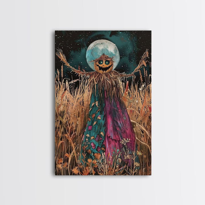 Spooky Scarecrow in Field Framed Canvas Print, Haunted Field Decor, Halloween Scarecrow Art, Eerie Harvest Wall Art, Creepy Scarecrow Print