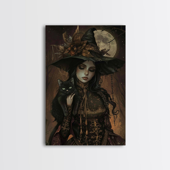 The Witch and The Black Cat Framed Canvas Art, Spooky Victorian Witch Art, Spooky Season, Halloween Props, Halloween Accessories Art