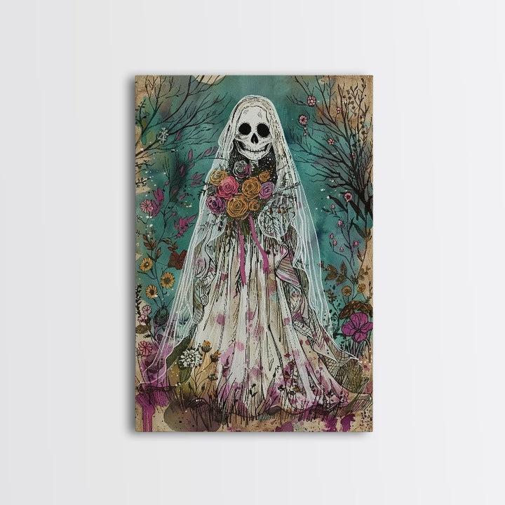 The Ghostly Bride, Cottage Core Ghost Decor, Cottagecore Halloween Art Framed Canvas Print, Unique Wall Art, Spooky Season Decor