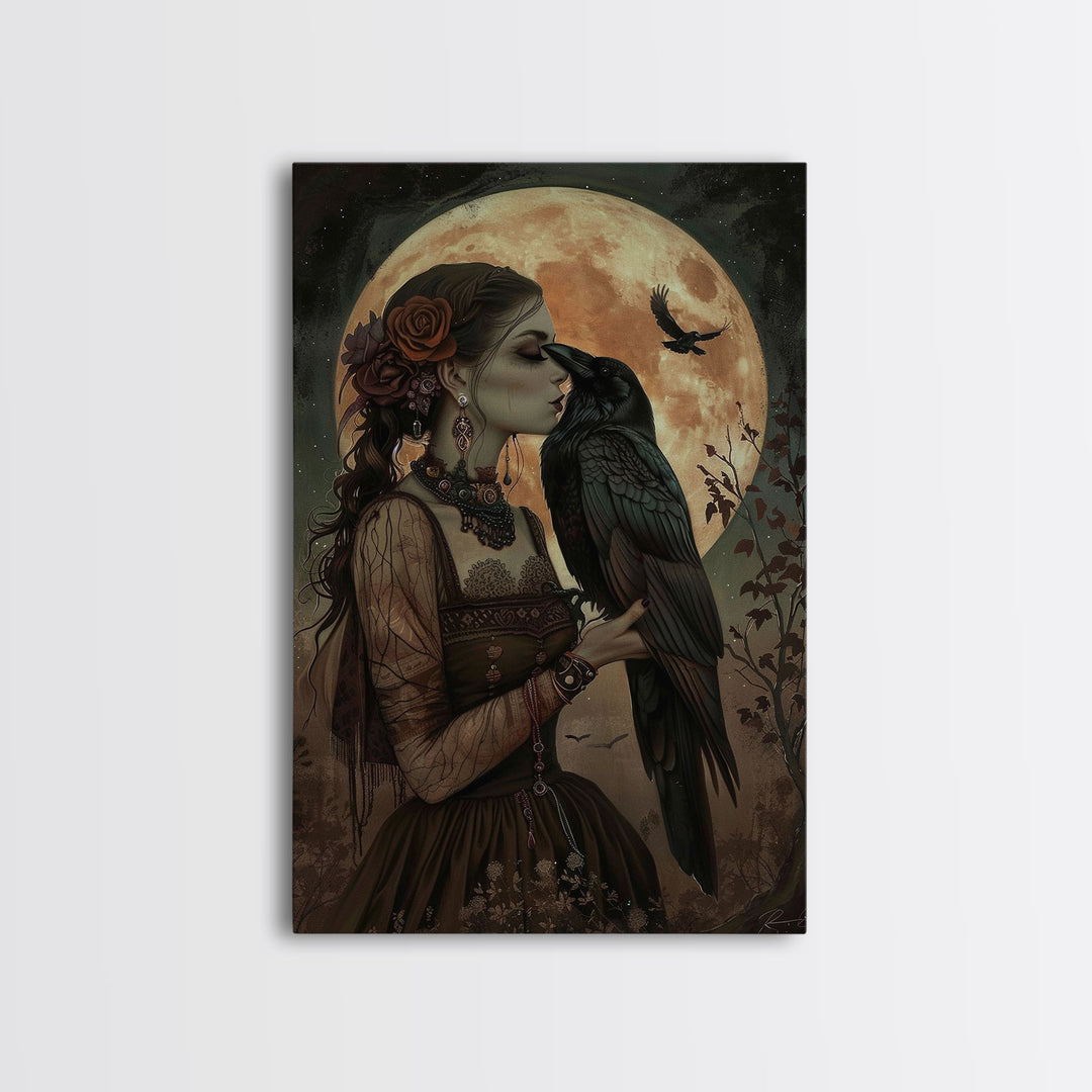 The Witch And The Raven, Framed Canvas Print, Raven Familiar, Victorian Witch Painting, Halloween Decor, Halloween Trinket, Spooky Wall Art