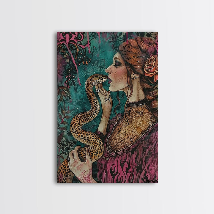 The Witch And The Snake, Framed Canvas Print, Halloween Decor, Halloween Art, Spooky Season, Halloween Gift Idea For Her, Witchy Art