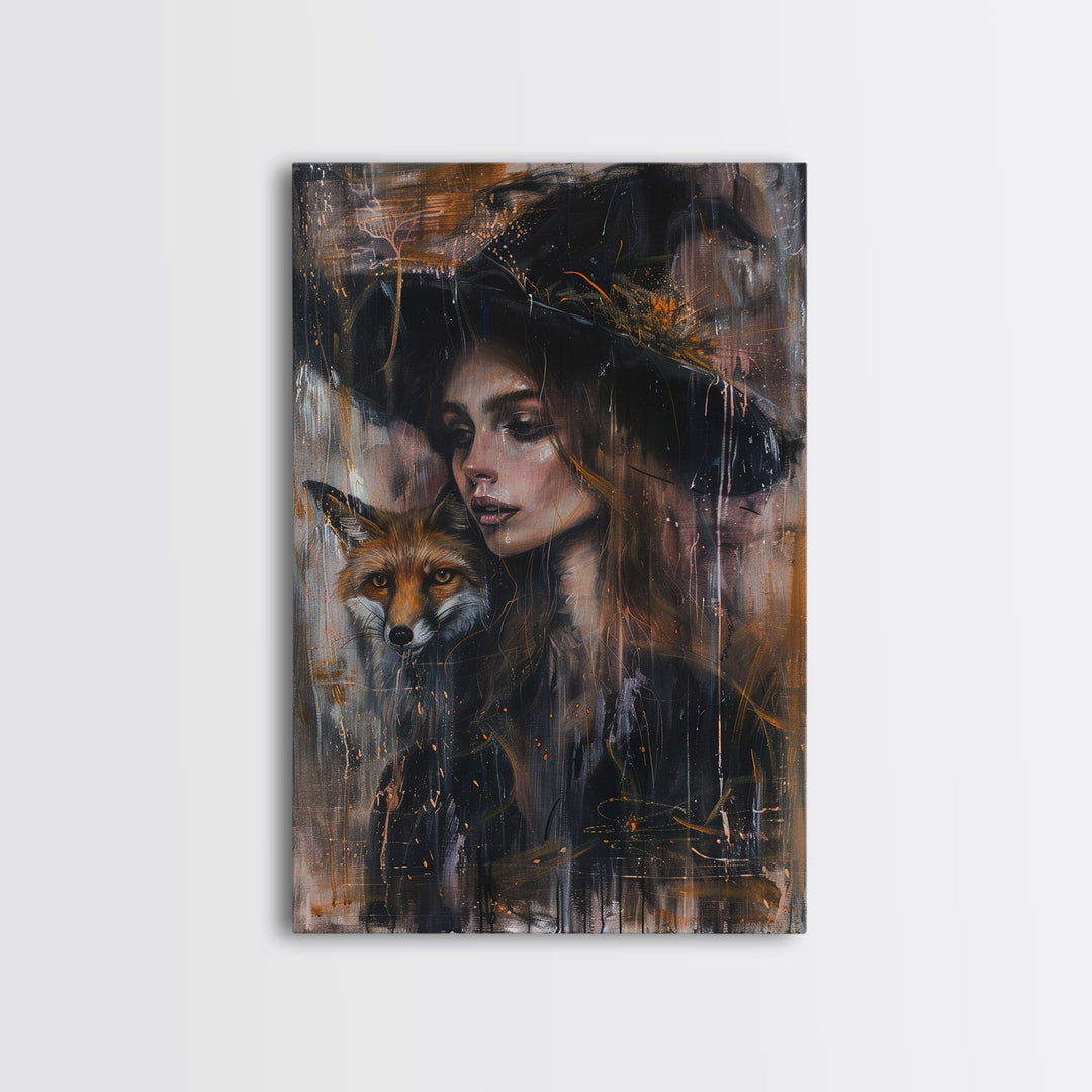 The Witch And Her Fox Familiar Framed Canvas Print | Halloween Unique Decor / Gift Idea | Witch Art | Witch Hat | Framed Canvas