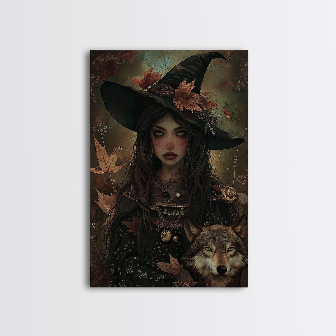 The Witch And The Wolf Framed Canvas Print, Spooky Halloween Wall Art, Halloween Prop, Halloween Products, Canvas Art, Home Decor