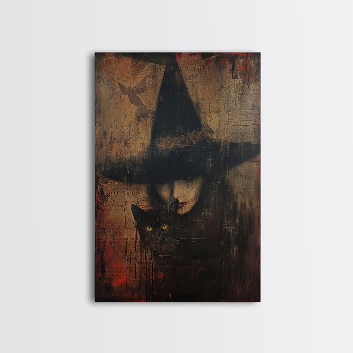 Witch And Black Cat Framed Canvas Print, Spooky Halloween Decor, Framed Canvas, Vintage and Distressedd Halloween Wall Art, Spooky Vibes