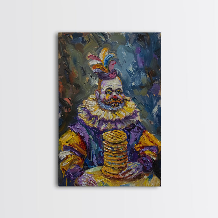 Whimsical Clown with Pancakes Framed Canvas Print | Halloween Circus Art | Spooky Clown Decor | Fun Circus Clown Art for Home Decoration