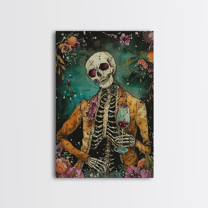 Skeleton Gentleman with Wine Glass Framed Canvas Print, Halloween Art, Creepy Wall Art, Spooky Home Decor, Scary Art, Unique Wall Decor