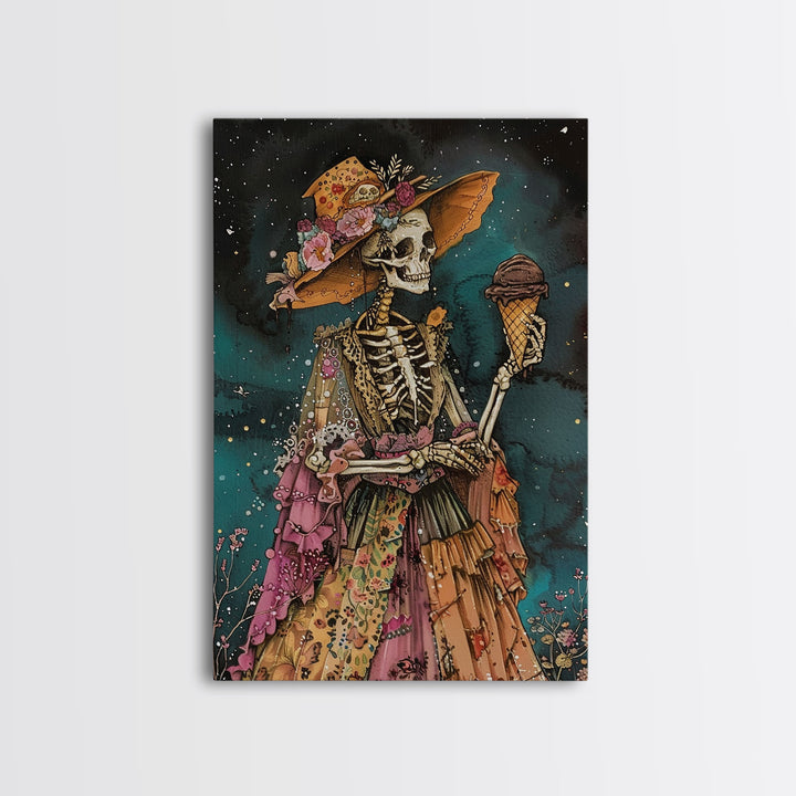 Skeleton in a Colorful Dress with Ice Cream - Day of the Dead Art - Halloween Skeleton Print Vibrant Skeleton Decor - Dia de los Muertos Art