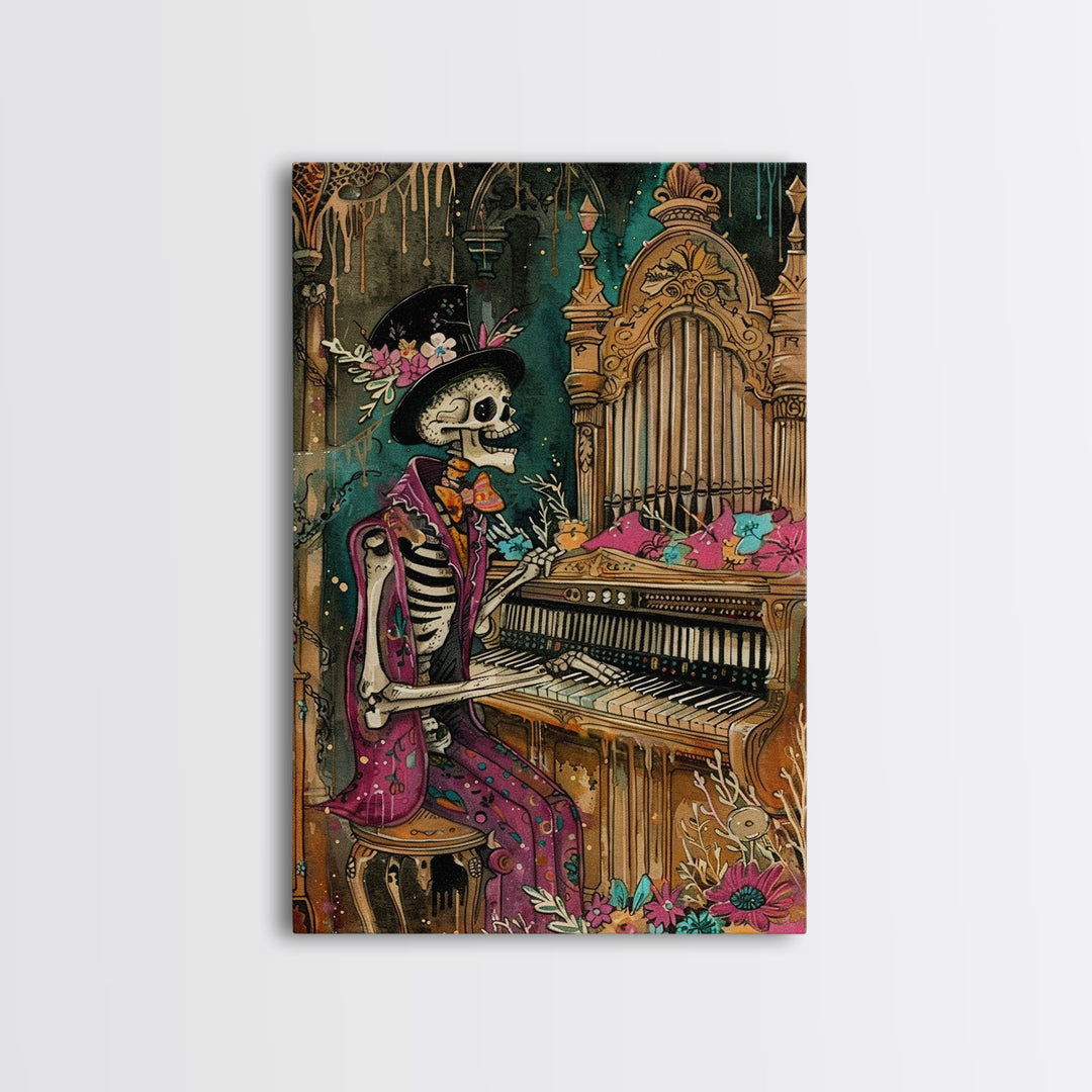 Skeleton Playing Organ in Gothic Church - Day of the Dead Skeleton Musician - Gothic Halloween Art - Skeleton Decor for Halloween