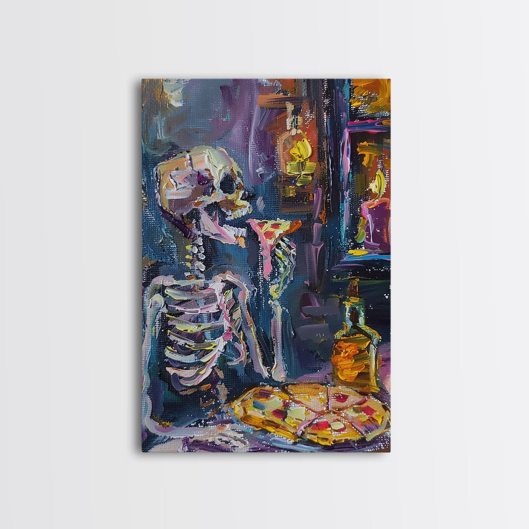 The Hungry Skeleton Chomps a Pizza, Funny Halloween Art, Framed Canvas, Halloween Poster