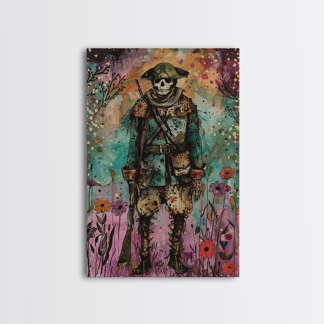 Skeleton Soldier Stands Amid Colorful Blooms, Blending Historical Charm and Spooky Halloween Style for Unique Wall Art