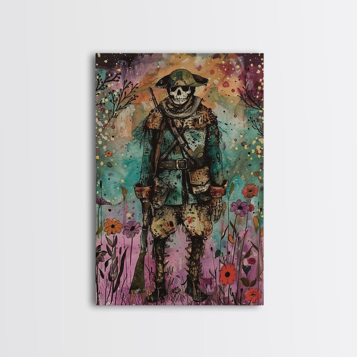 Skeleton Soldier Stands Amid Colorful Blooms, Blending Historical Charm and Spooky Halloween Style for Unique Wall Art