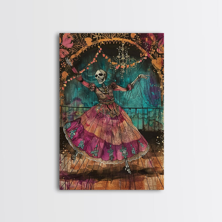 Skeleton Dancer in a Vibrant Dress Celebrates Halloween, Bringing Spooky Charm to Your Halloween Wall Art Collection