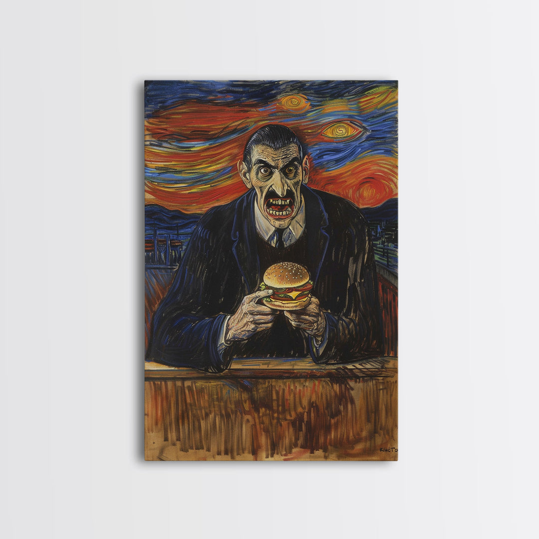 Spooky Artwork of a Man Eating a Hamburger, Inspired by the Scream, Ideal for Adding a Touch of Horror and Humor to Halloween Decor