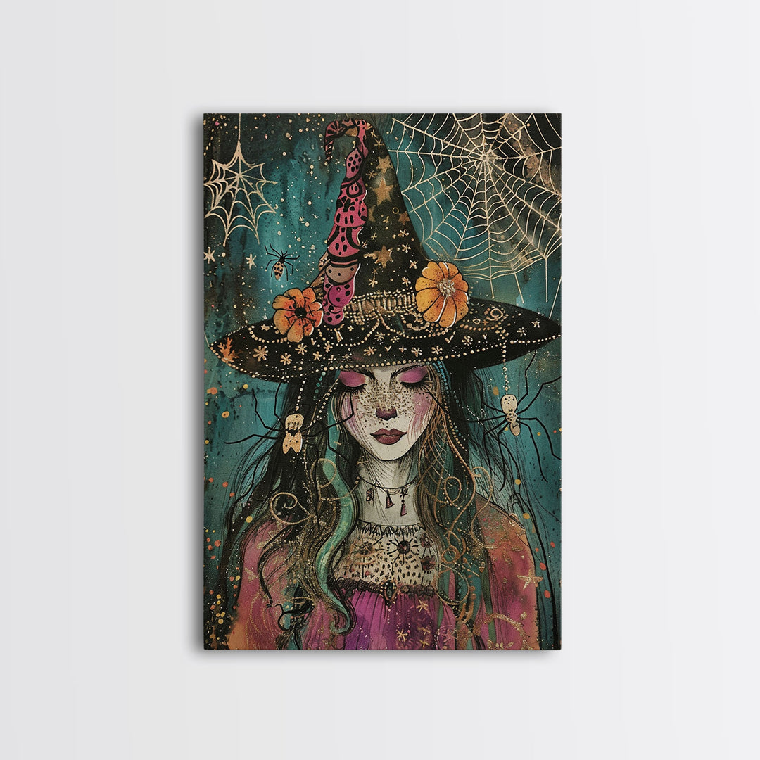 Spooky Halloween Witch Wall Art, Framed Canvas Prince, Halloween Decor, Halloween Gift Spooky Season, Cottage Core Witch and Spider Familiar