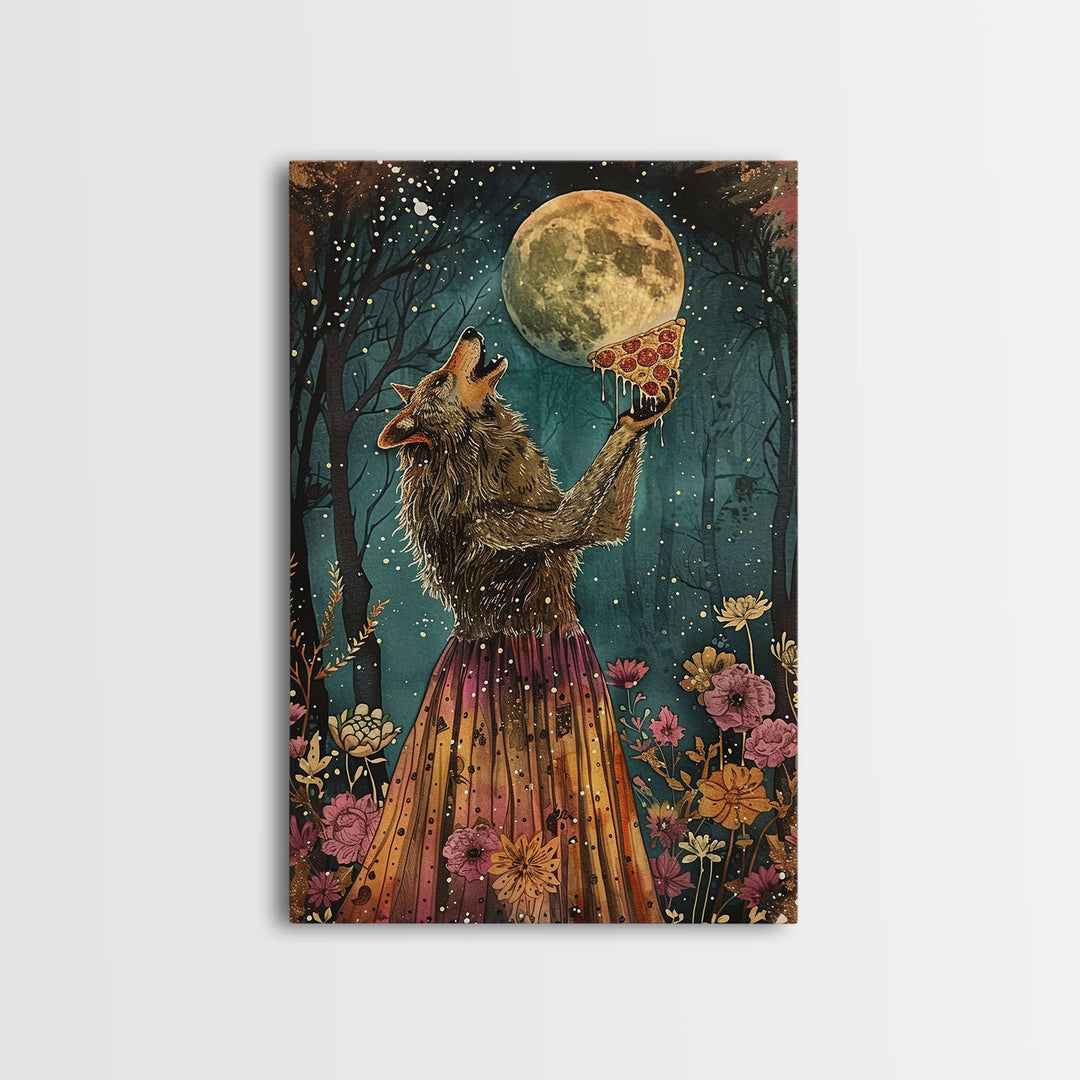 That's A Howlin' Good Pizza, Werewolf Eatin a Pizza and Howlin at The Moon, Framed Canvas Print, Funny Halloween Art