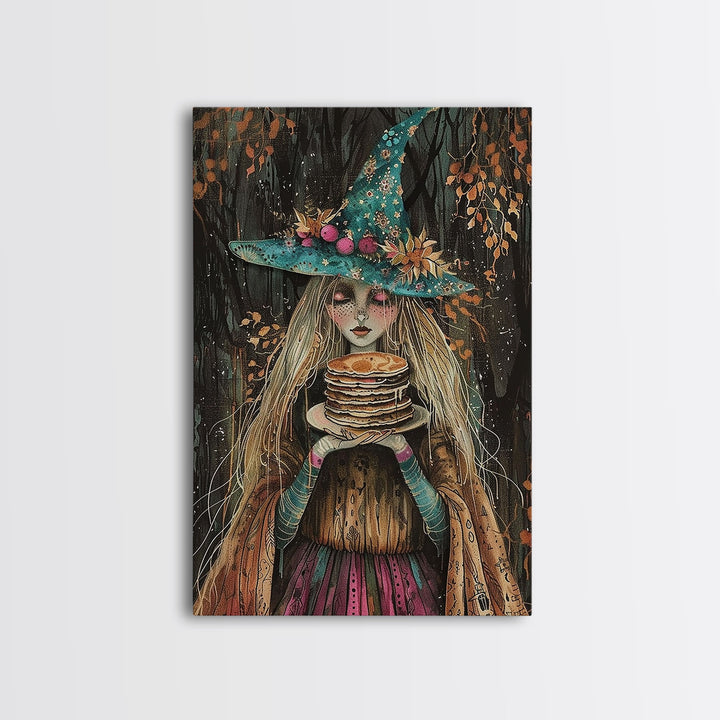 The Witch and Her Pancakes, Breakfast Witch, Framed Canvas Print, Funny Halloween Art