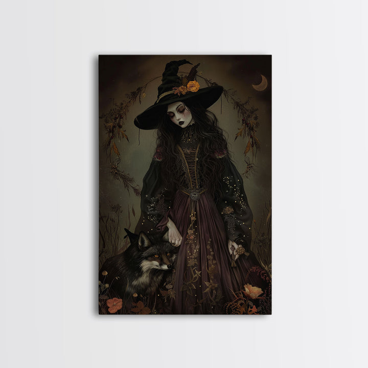 Witch and Fox Framed Canvas Print, Melancholic Witch Painting, Halloween Decor, Witchy Art, Spooky Vibes, Moody Decor