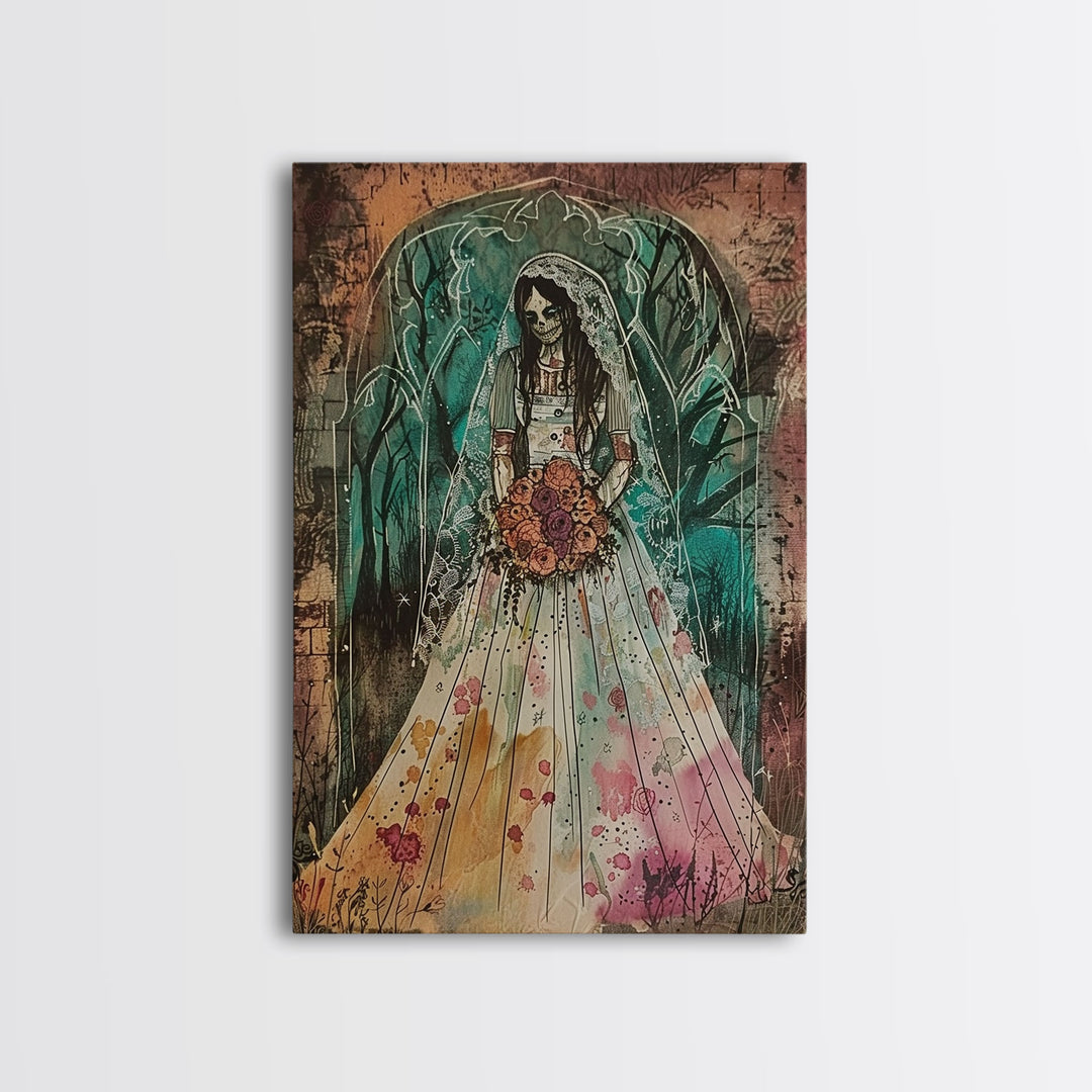 Skeleton Bride with Floral Bouquet Framed Canvas Print | Halloween Bride Art | Spooky Bride Decor for Home | Macabre Halloween Artwork