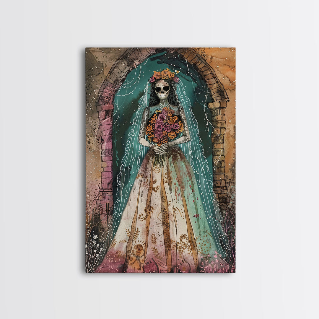 Skeleton Bride in Floral Arch Framed Canvas Print | Halloween Bride Art | Spooky Bride Decor for Home | Gothic Wedding Artwork