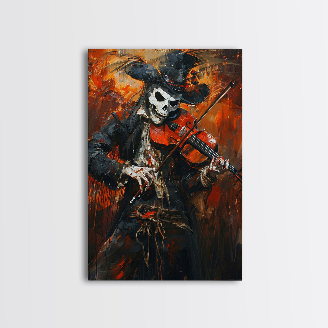 Skeleton Violinist Performing in Fiery Background | Halloween Wall Art | Spooky Home Decor Musician Skeleton Painting | Framed Canvas Print