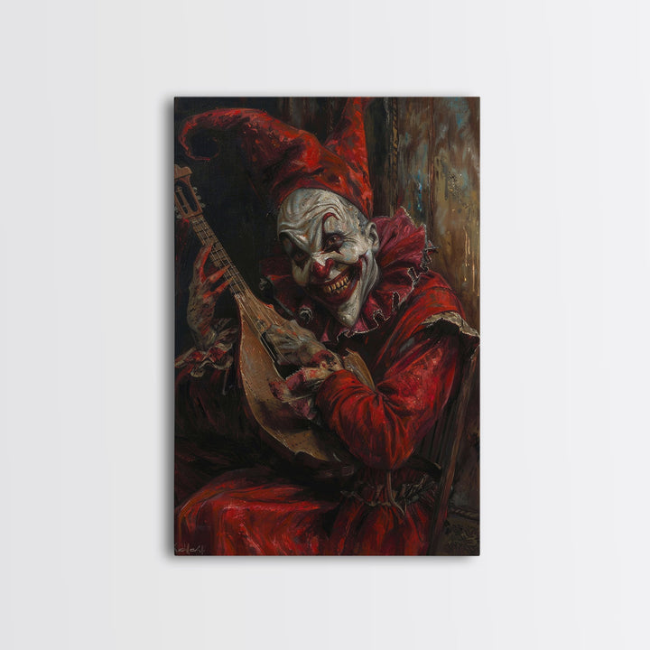 Sinister Clown with Blood-Stained Mandolin | Halloween Wall Art | Spooky Home Decor | Creepy Clown Mandolin Painting | Framed Canvas Print