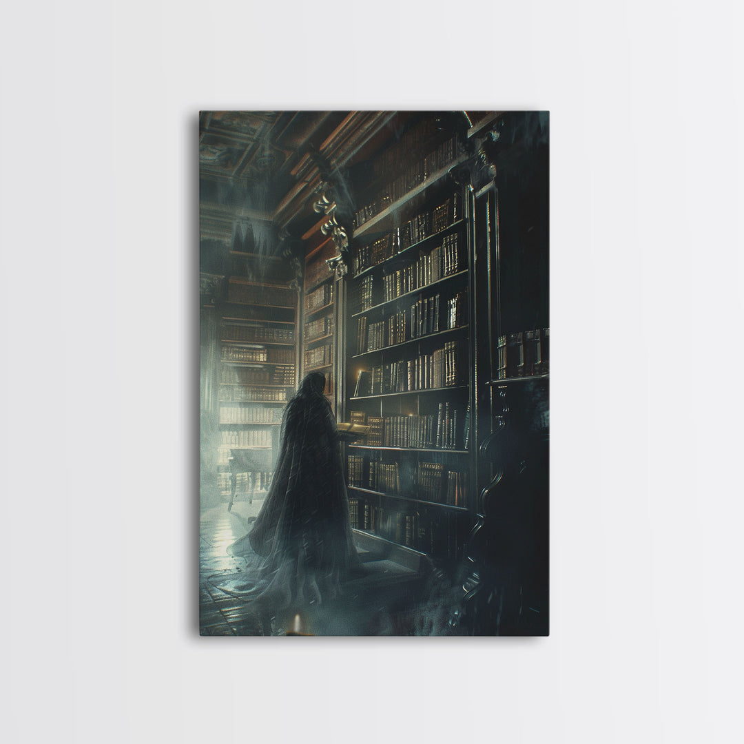 The Haunted Library Framed Canvas Print, Spooky Vibes Wall Art, Halloween Art, Halloween Props and Accessories, Home Decor Wall Art