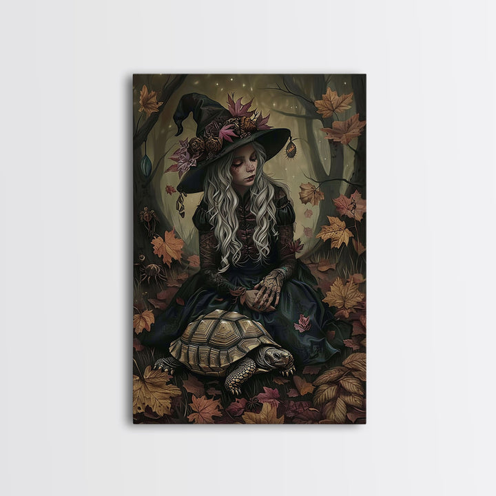 Witch with Turtle in Autumn Forest - Halloween Wall Art - Spooky Home Decor - Unique Witch Painting - Halloween Gift for Nature Lovers