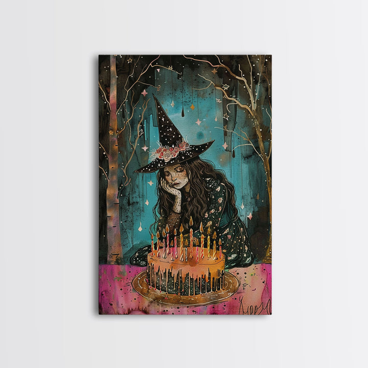 The Sad Birthday Witch, Witch With Birthday Cake Framed Canvas Print, Melancholy, Halloween Decor, Witchy Art, Cottagecore Decor