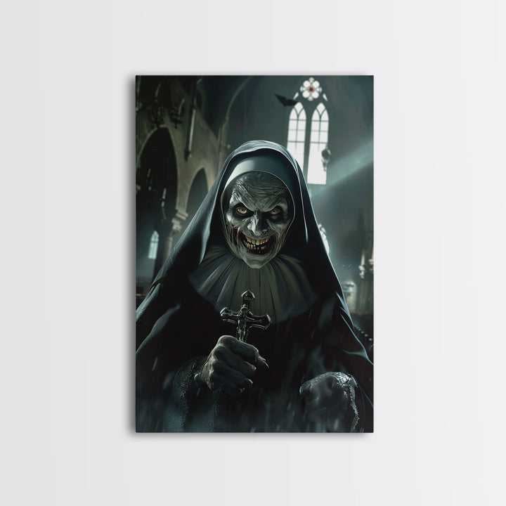 Sinister Nun with Crucifix in Haunted Church - Scary Halloween Themed Framed Canvas Print, Creepy Gothic Home Wall Decor