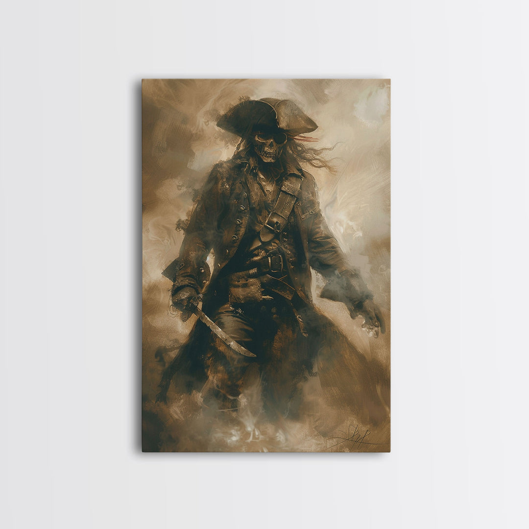 Skeleton Pirate Wielding Sword on Ghost Ship - Haunted Halloween Adventure Framed Canvas Print, Mysterious Gothic Wall Decor