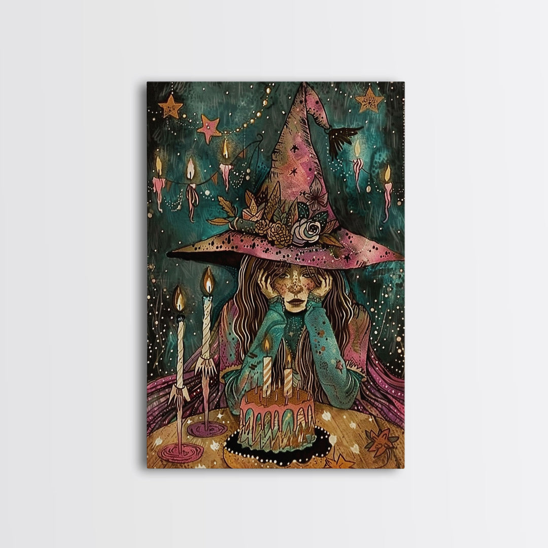 The Sad Birthday Witch, Witch With Birthday Cake Framed Canvas Print, Melancholy, Halloween Decor, Witchy Art, Cottagecore Colorful Art