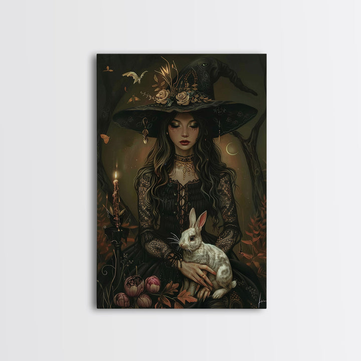 Witch with Bunny and Candles - Mystical Forest Enchantment Halloween Art Framed Canvas Print, Witchy Home Decor