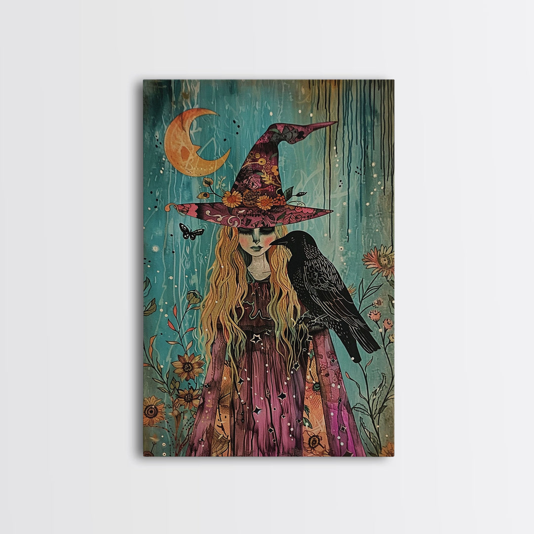 Witch with Owl in Magical Forest - Halloween Art, Gothic Art, Spooky Decor, Dark Magic Art, Enchanted Woods, Framed Canvas Print