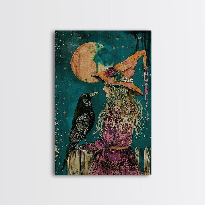 Witch and Crow Under Full Moon - Halloween Art, Gothic Art, Spooky Decor, Dark Night Art, Haunted Moonlit Night, Framed Canvas Print