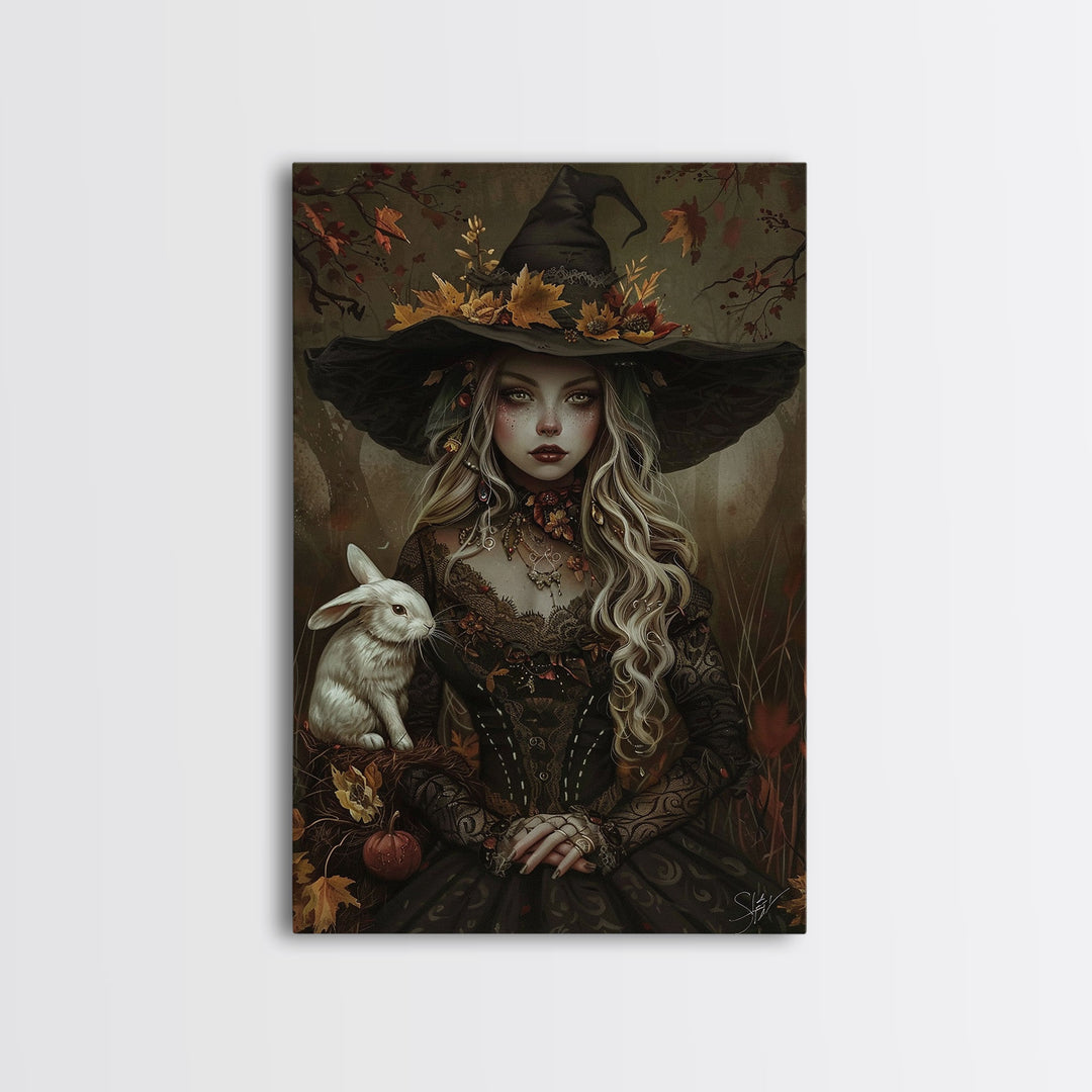 Summertime Witch Framed Canvas Print, Halloween Decor, Cottagecore Witchy Spooky Vibes