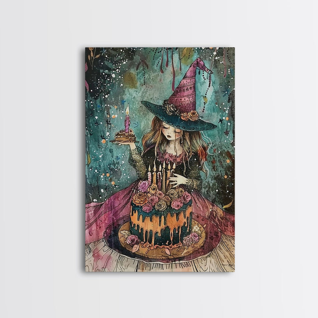 Witchy Birthday Party For One, Framed Canvas Print, Melancholy Witch Halloween Art