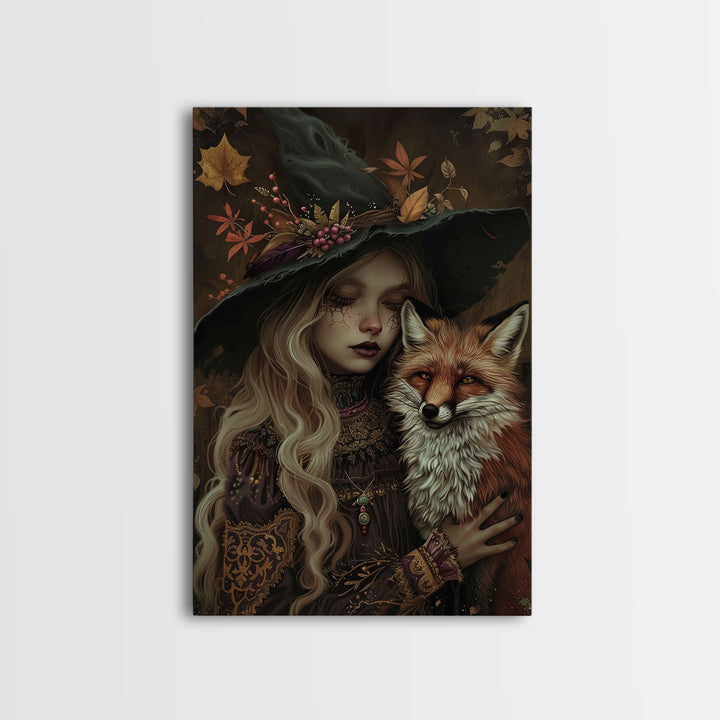 Spooky Halloween Witch Wall Art, Framed Canvas Prince, Halloween Decor, Halloween Gift, Spooky Season, Cottage Core Witch and Fox Familiar