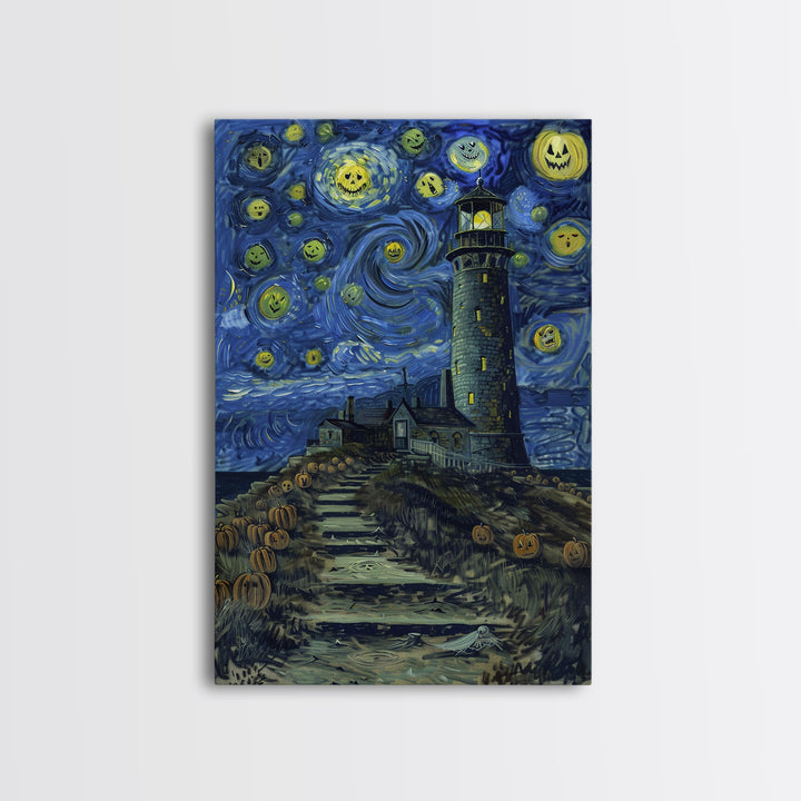 Starry Night Inspired Haunted Light House Framed Canvas Print, Van Gogh Inspired, Spooky Season Halloween Art