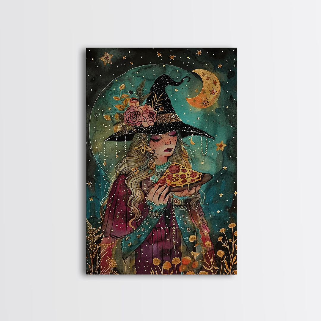 Summer Witch and Her Slice Of Pizza, Framed Canvas Print, Cute / Funny Halloween Art