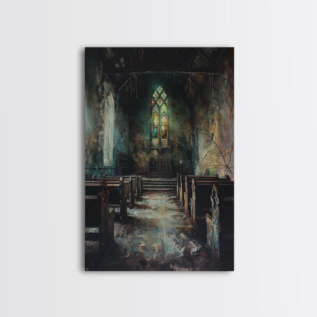 Victorian Haunted Church Framed Canvas Print, Halloween Oil Painting, Halloween Decor Wall Art, Spooky Season Dark Academia Decor