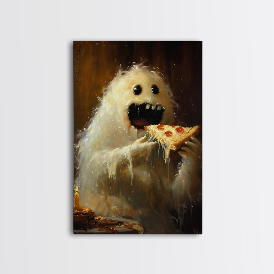 The Pizza Ghost, Framed Canvas Print, Funny Halloween Wall Art