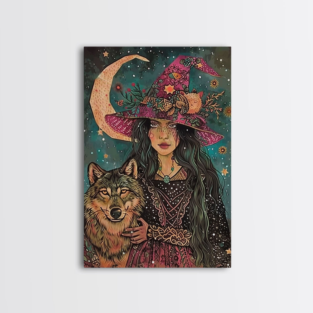 Spooky Halloween Witch Wall Art, Framed Canvas Prince, Halloween Decor, Halloween Gift, Spooky Season, Cottage Core Witch and Wolf Familiar